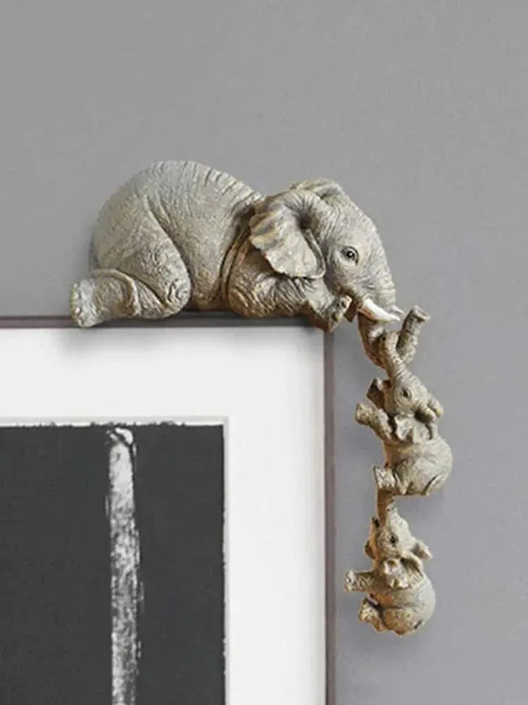 "Elephant Family Figurine Set: Mother and Two Babies Hanging Shelf Decor"