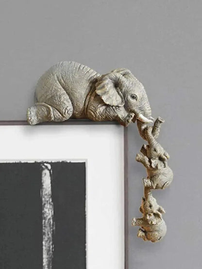 "Elephant Family Figurine Set: Mother and Two Babies Hanging Shelf Decor"