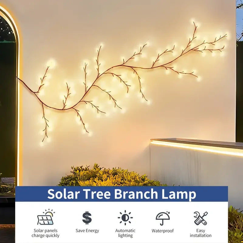 "Solar-Powered Rattan Branch String Lights with 72 LEDs for Home and Wedding Decor"