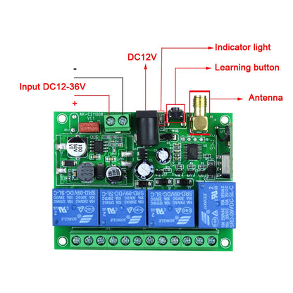 Smart Wireless 4-Channel Relay Switch 12V/24V/36V 10A with 433MHz RF Remote Control