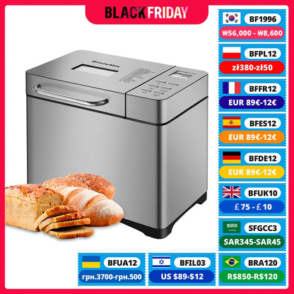 Biolomix Stainless Steel 1KG 19-in-1 Automatic Bread Maker 650W Programmable Bread Machine with 3 Loaf Sizes Fruit Nut Dispenser