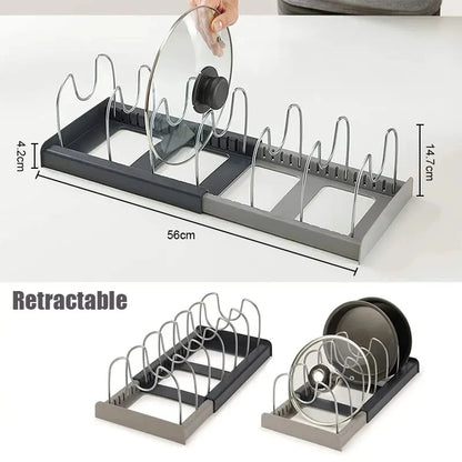 "Expandable Stainless Steel Kitchen Storage Rack – Pot, Pan, Lid & Cutting Board Organizer"