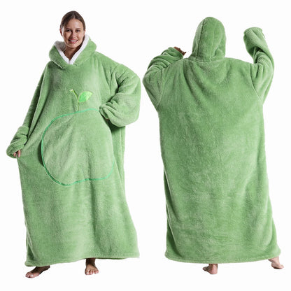 Extra Long Wearable Flannel Hooded Blanket with Full Sleeves for Men and Women