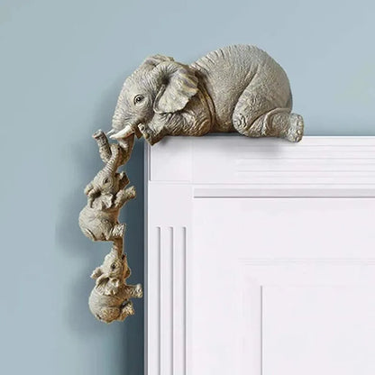 "Elephant Family Figurine Set: Mother and Two Babies Hanging Shelf Decor"