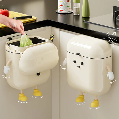 Cream Wall-Mounted Kitchen Trash Can with Lid – 9L/12L, No-Bend Design