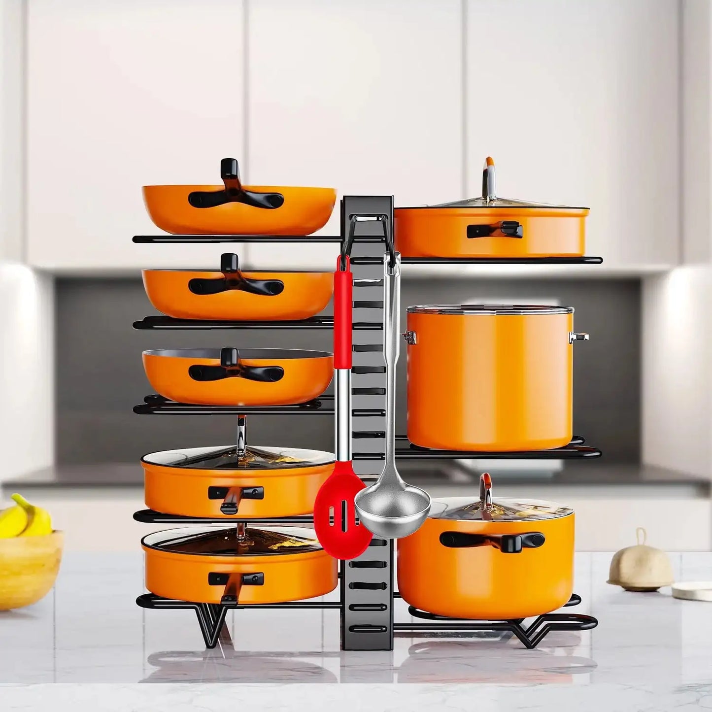 Tier Adjustable Pot and Pan Organizer Rack – Durable Kitchen Storage for Cookware and Lids"