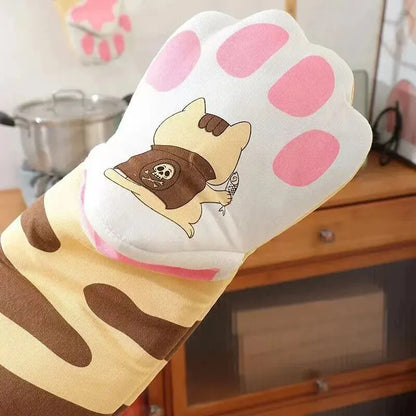 "Cute Cat Paw Long Cotton Oven Glove - Heat Resistant, Non-Slip Kitchen Baking Mitt"