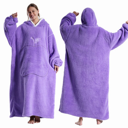 Extra Long Wearable Flannel Hooded Blanket with Full Sleeves for Men and Women