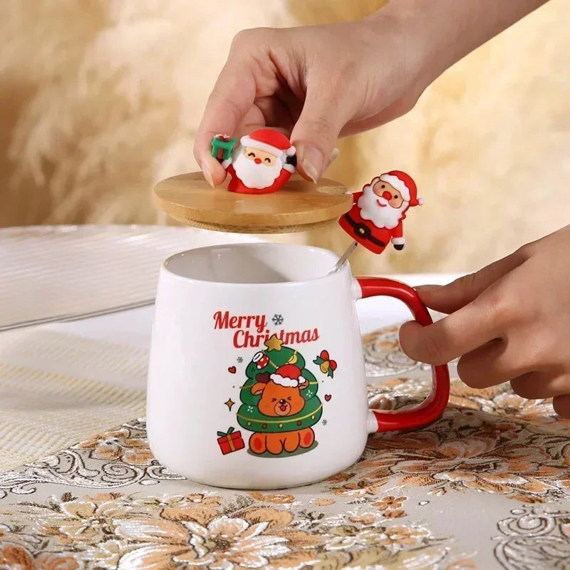 "Christmas Ceramic Mug Gift Set – Mug with Lid, Spoon, and Cup in Decorative Gift Box"