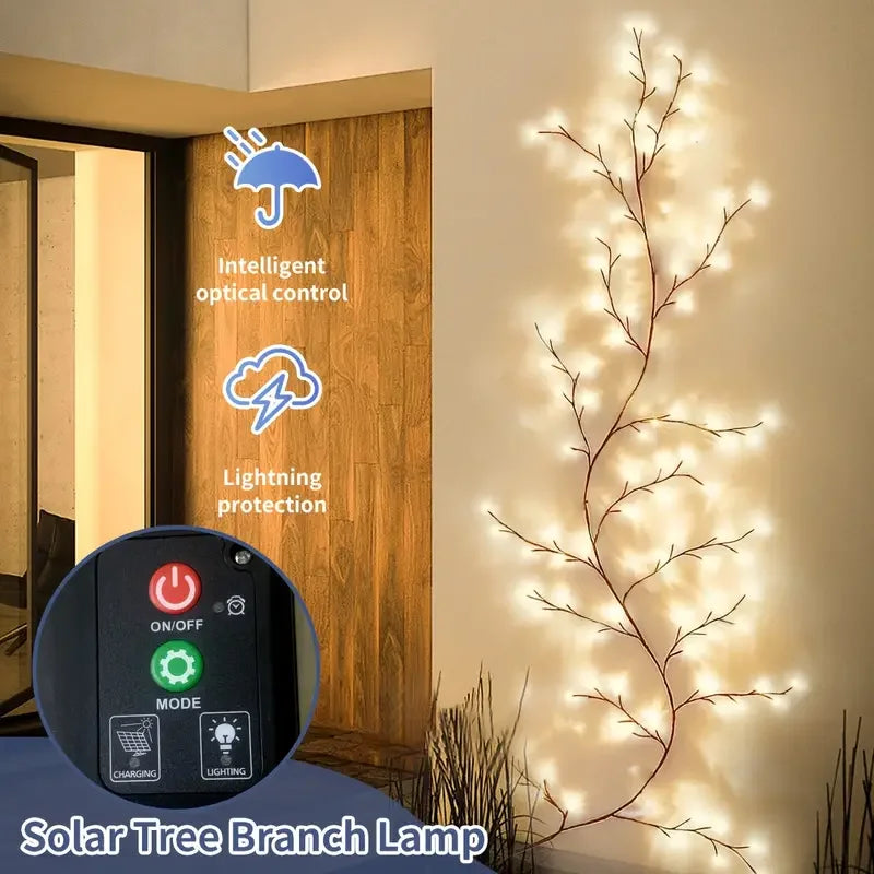 "Solar-Powered Rattan Branch String Lights with 72 LEDs for Home and Wedding Decor"