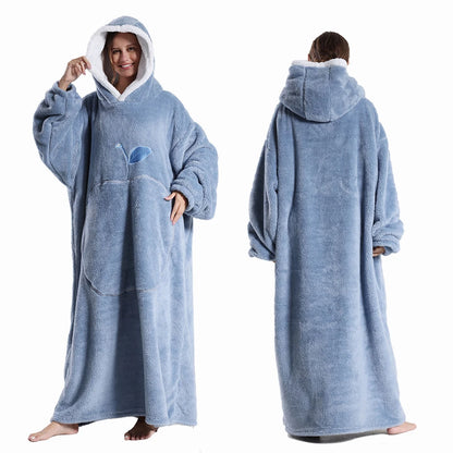 Extra Long Wearable Flannel Hooded Blanket with Full Sleeves for Men and Women