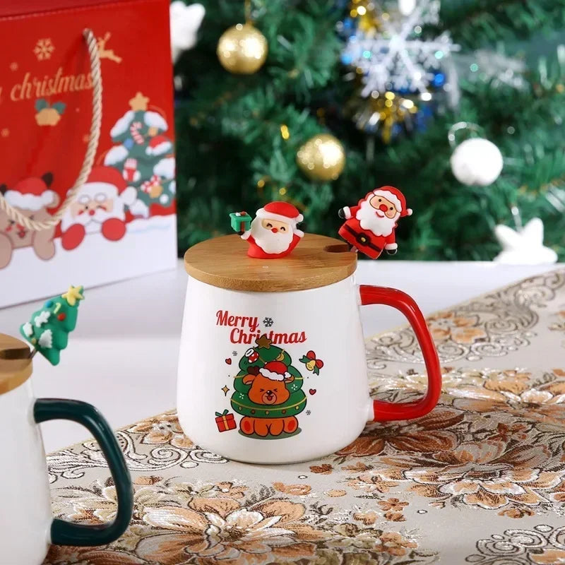 "Christmas Ceramic Mug Gift Set – Mug with Lid, Spoon, and Cup in Decorative Gift Box"