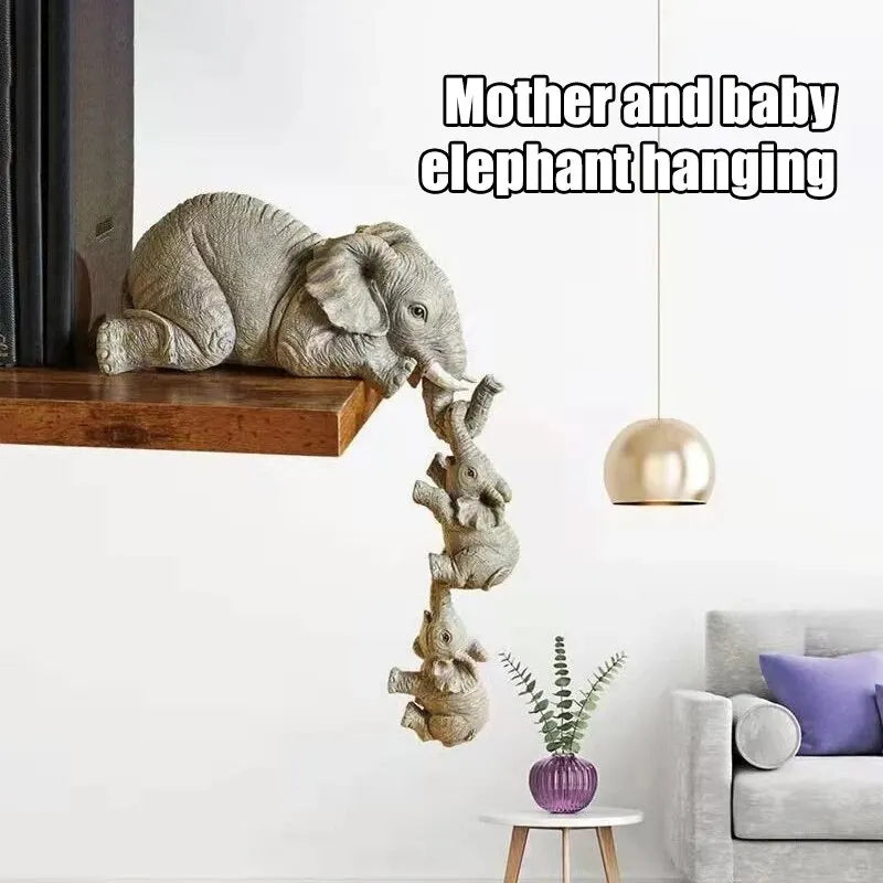 "Elephant Family Figurine Set: Mother and Two Babies Hanging Shelf Decor"