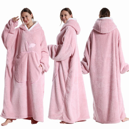 Extra Long Wearable Flannel Hooded Blanket with Full Sleeves for Men and Women