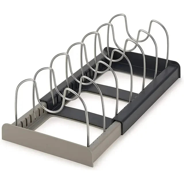 "Expandable Stainless Steel Kitchen Storage Rack – Pot, Pan, Lid & Cutting Board Organizer"