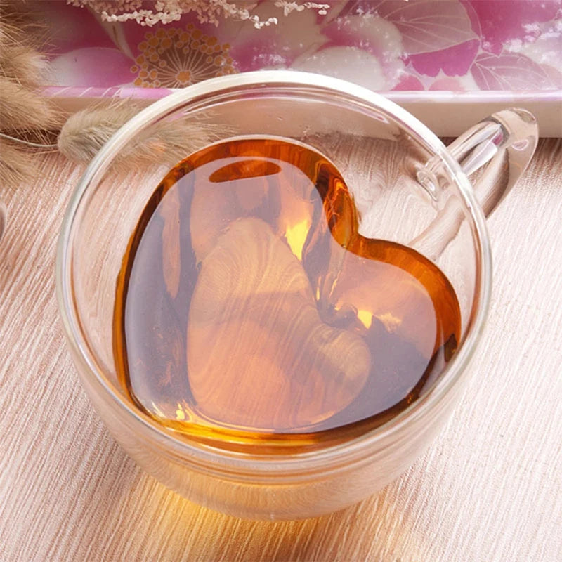 "Heart-Shaped Double Glass Mug Set – Romantic Coffee, Tea, and Espresso Cups"