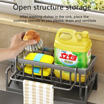 "Multi-Functional Kitchen Sponge Rack with Water Drainage – Dish Soap and Rag Organizer"