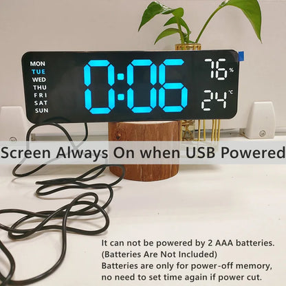 9-Inch Digital Wall Clock with USB Power, Temperature, Humidity, and LED Display