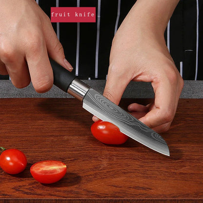 Laser Damascus Pattern Kitchen Knives Set with Scissors and Sharpening Rod