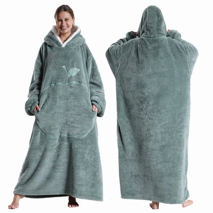 Extra Long Wearable Flannel Hooded Blanket with Full Sleeves for Men and Women