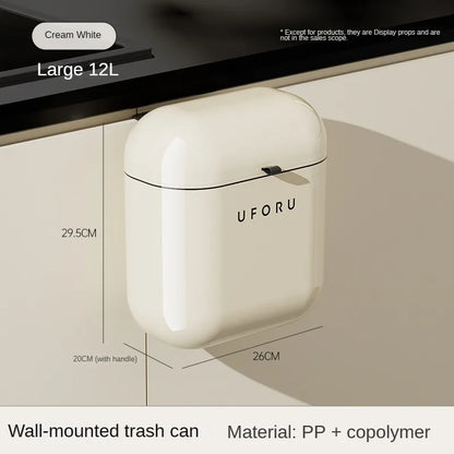 Cream Wall-Mounted Kitchen Trash Can with Lid – 9L/12L, No-Bend Design