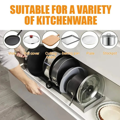 "Expandable Stainless Steel Kitchen Storage Rack – Pot, Pan, Lid & Cutting Board Organizer"