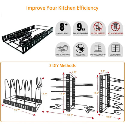 Tier Adjustable Pot and Pan Organizer Rack – Durable Kitchen Storage for Cookware and Lids"