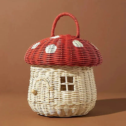 Rattan Woven Mushroom Basket – Portable Picnic & Toy Organizer for Kids