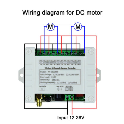 Smart Wireless 4-Channel Relay Switch 12V/24V/36V 10A with 433MHz RF Remote Control