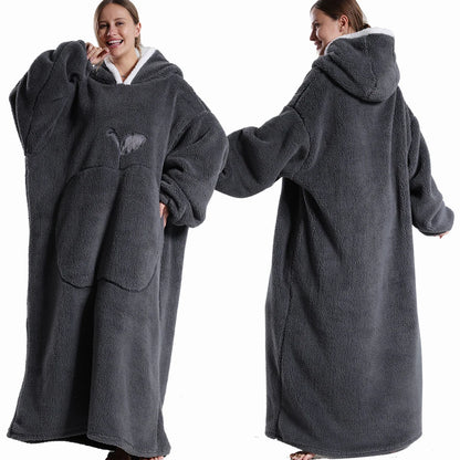 Extra Long Wearable Flannel Hooded Blanket with Full Sleeves for Men and Women