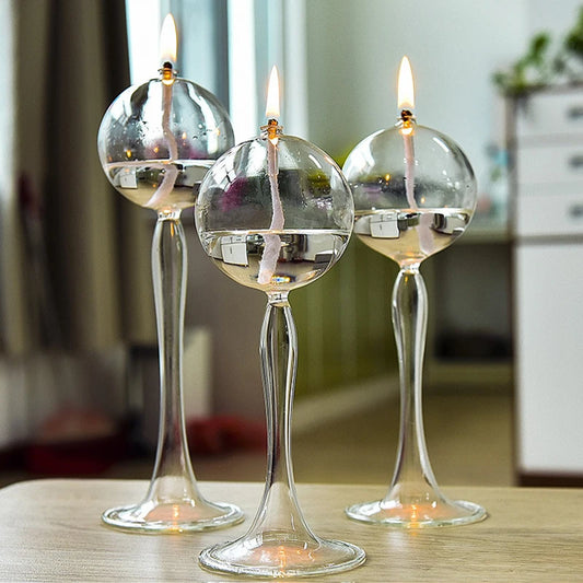 "Transparent Glass High Foot Candlestick for Oil Lamps and Candles – Rustic Wedding and Home Décor"