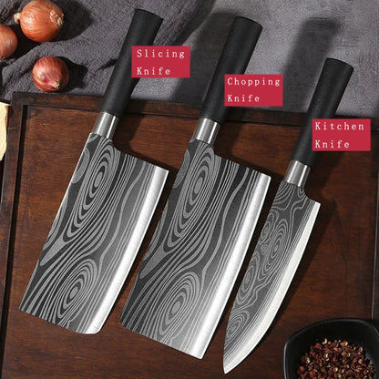 Laser Damascus Pattern Kitchen Knives Set with Scissors and Sharpening Rod