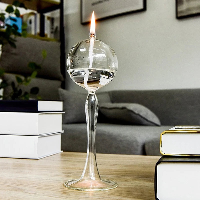 "Transparent Glass High Foot Candlestick for Oil Lamps and Candles – Rustic Wedding and Home Décor"