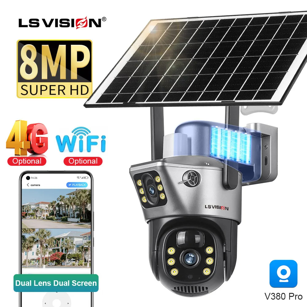 LS VISION 4K 8MP Dual-Lens Solar-Powered Security Camera with 4G/Wi-Fi and PTZ Auto-Tracking