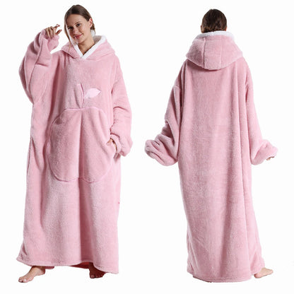 Extra Long Wearable Flannel Hooded Blanket with Full Sleeves for Men and Women